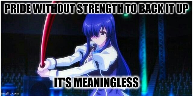 Chivalry Of A Failed Knight: Pride Without Strength Is Meaningless | PRIDE WITHOUT STRENGTH TO BACK IT UP; IT'S MEANINGLESS | image tagged in chivalry of a failed knight ayase ayatsuji,knight's code,pride,strength,anime meme,anime girl | made w/ Imgflip meme maker