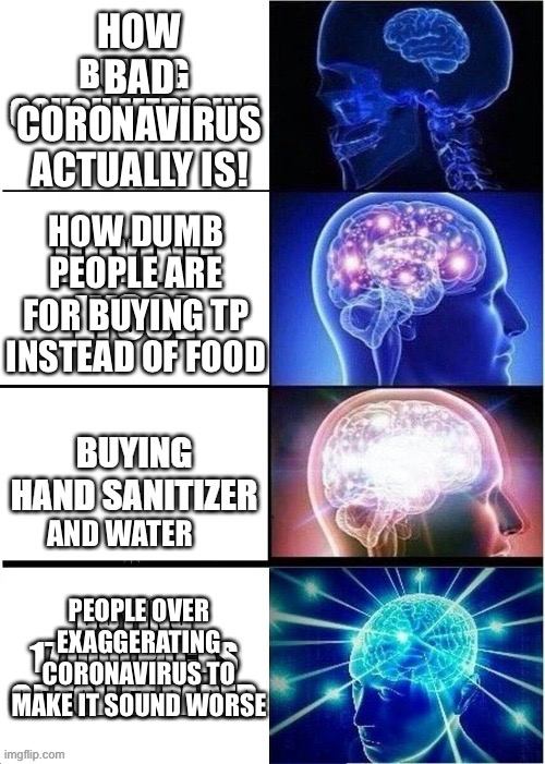 Coronavirus | HOW BAD CORONAVIRUS ACTUALLY IS! HOW DUMB PEOPLE ARE FOR BUYING TP INSTEAD OF FOOD; AND WATER; PEOPLE OVER EXAGGERATING CORONAVIRUS TO MAKE IT SOUND WORSE | image tagged in true | made w/ Imgflip meme maker