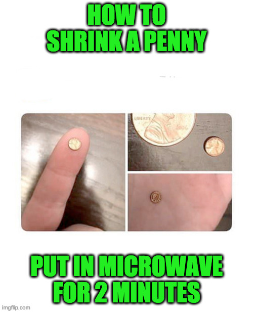 Try It!! It Really Works!!! | HOW TO SHRINK A PENNY; PUT IN MICROWAVE FOR 2 MINUTES | image tagged in penny,shrink,small,drier,dryer,dried | made w/ Imgflip meme maker