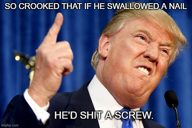 Donald Trump | SO CROOKED THAT IF HE SWALLOWED A NAIL; HE'D SHIT A SCREW. | image tagged in donald trump,crooked | made w/ Imgflip meme maker