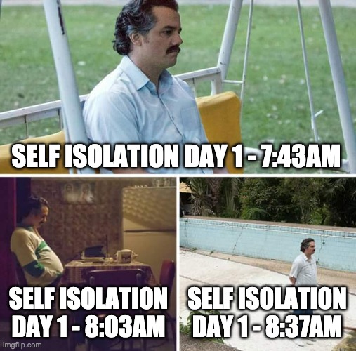 Sad Pablo Escobar | SELF ISOLATION DAY 1 - 7:43AM; SELF ISOLATION DAY 1 - 8:03AM; SELF ISOLATION DAY 1 - 8:37AM | image tagged in memes,sad pablo escobar | made w/ Imgflip meme maker
