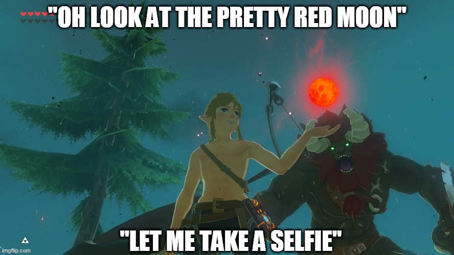 GOOD BYE LINK | "OH LOOK AT THE PRETTY RED MOON"; "LET ME TAKE A SELFIE" | image tagged in legend of zelda,the legend of zelda breath of the wild,selfie | made w/ Imgflip meme maker