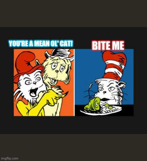 IT NEVER GETS OLD... | BITE ME; YOU'RE A MEAN OL' CAT! | image tagged in woman yelling at cat,nuts | made w/ Imgflip meme maker