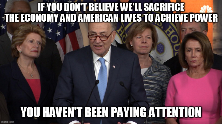 Democrat congressmen | IF YOU DON'T BELIEVE WE'LL SACRIFICE THE ECONOMY AND AMERICAN LIVES TO ACHIEVE POWER; YOU HAVEN'T BEEN PAYING ATTENTION | image tagged in democrat congressmen | made w/ Imgflip meme maker