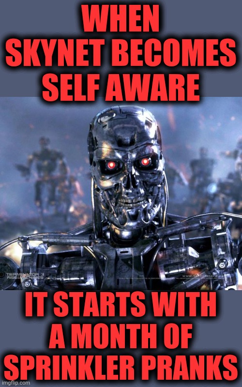 Terminator Robot T-800 | WHEN SKYNET BECOMES SELF AWARE IT STARTS WITH
A MONTH OF
SPRINKLER PRANKS | image tagged in terminator robot t-800 | made w/ Imgflip meme maker