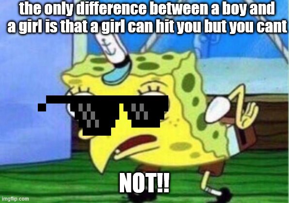 Mocking Spongebob | the only difference between a boy and a girl is that a girl can hit you but you cant; NOT!! | image tagged in memes,mocking spongebob | made w/ Imgflip meme maker