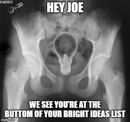 Malarkey Joe needs supervised playtime | HEY JOE; WE SEE YOU'RE AT THE BUTTOM OF YOUR BRIGHT IDEAS LIST | image tagged in lightbulb in bum,political meme,political humor,politicians,douchebag,democratic party | made w/ Imgflip meme maker