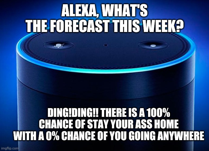 Alexa | ALEXA, WHAT'S THE FORECAST THIS WEEK? DING!DING!! THERE IS A 100% CHANCE OF STAY YOUR ASS HOME WITH A 0% CHANCE OF YOU GOING ANYWHERE | image tagged in alexa | made w/ Imgflip meme maker