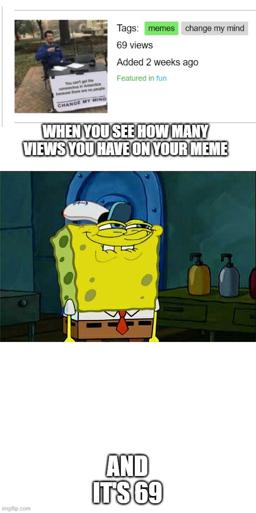 Don't You Squidward Meme | WHEN YOU SEE HOW MANY VIEWS YOU HAVE ON YOUR MEME; AND IT'S 69 | image tagged in memes,don't you squidward,views,69,change my mind | made w/ Imgflip meme maker