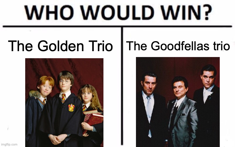 The Golden Trio vs The Goodfellas Trio.. Who wins? | The Golden Trio; The Goodfellas trio | image tagged in memes,who would win,goodfellas,harry potter | made w/ Imgflip meme maker