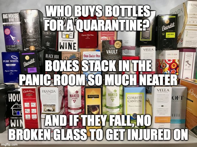 Box Wine | WHO BUYS BOTTLES FOR A QUARANTINE? BOXES STACK IN THE PANIC ROOM SO MUCH NEATER; AND IF THEY FALL, NO BROKEN GLASS TO GET INJURED ON | image tagged in box wine | made w/ Imgflip meme maker
