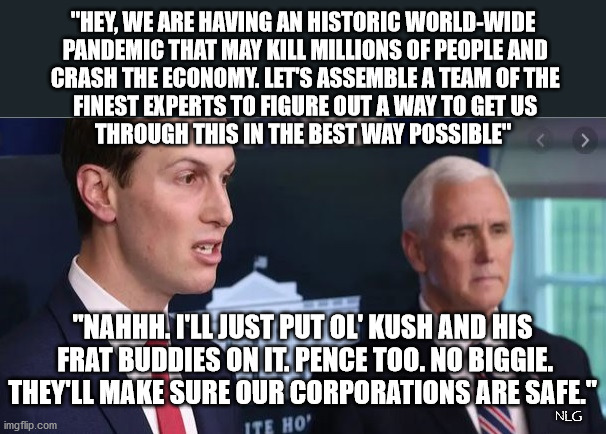 What worries? Kush is in charge. | "HEY, WE ARE HAVING AN HISTORIC WORLD-WIDE
 PANDEMIC THAT MAY KILL MILLIONS OF PEOPLE AND
 CRASH THE ECONOMY. LET'S ASSEMBLE A TEAM OF THE
 FINEST EXPERTS TO FIGURE OUT A WAY TO GET US
 THROUGH THIS IN THE BEST WAY POSSIBLE"; "NAHHH. I'LL JUST PUT OL' KUSH AND HIS
 FRAT BUDDIES ON IT. PENCE TOO. NO BIGGIE.
THEY'LL MAKE SURE OUR CORPORATIONS ARE SAFE."; NLG | image tagged in politics,political meme,political | made w/ Imgflip meme maker