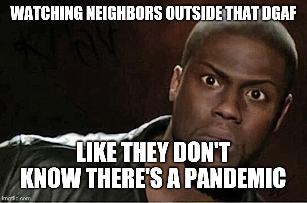 Kevin Hart | WATCHING NEIGHBORS OUTSIDE THAT DGAF; LIKE THEY DON'T KNOW THERE'S A PANDEMIC | image tagged in memes,kevin hart | made w/ Imgflip meme maker