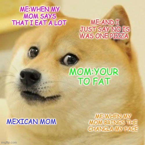 Doge Meme | ME:WHEN MY MOM SAYS THAT I EAT A LOT; ME:AND I JUST SAY NO IS WAS ONE PIZZA; MOM:YOUR TO FAT; ME:WHEN MY MOM BRINGS THE CHANCLA MY FACE; MEXICAN MOM | image tagged in memes,doge | made w/ Imgflip meme maker