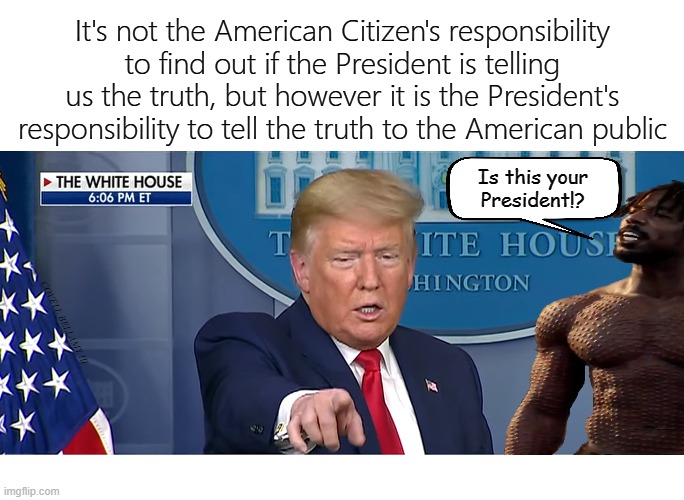 It's not the American Citizen's responsibility to find out if the President is telling us the truth, but however it is the President's responsibility to tell the truth to the American public; Is this your President!? COVELL BELLAMY III | image tagged in trump president's responsibility to tell the truth | made w/ Imgflip meme maker