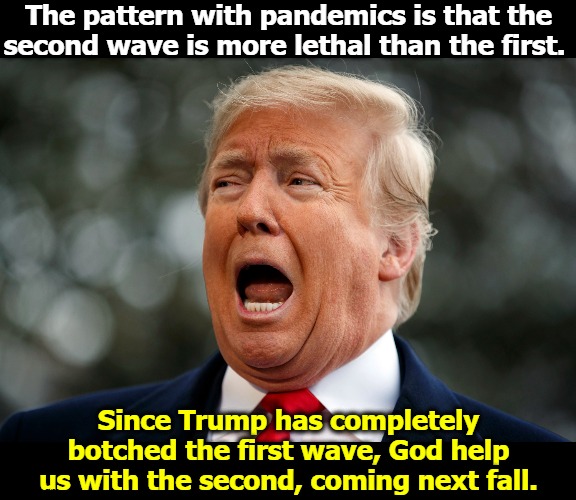 You may relax this summer, thinking you're in the clear. You're not. | The pattern with pandemics is that the second wave is more lethal than the first. Since Trump has completely botched the first wave, God help us with the second, coming next fall. | image tagged in trump fear frightened snowflake,coronavirus,covid-19,trump,incompetence,fear | made w/ Imgflip meme maker