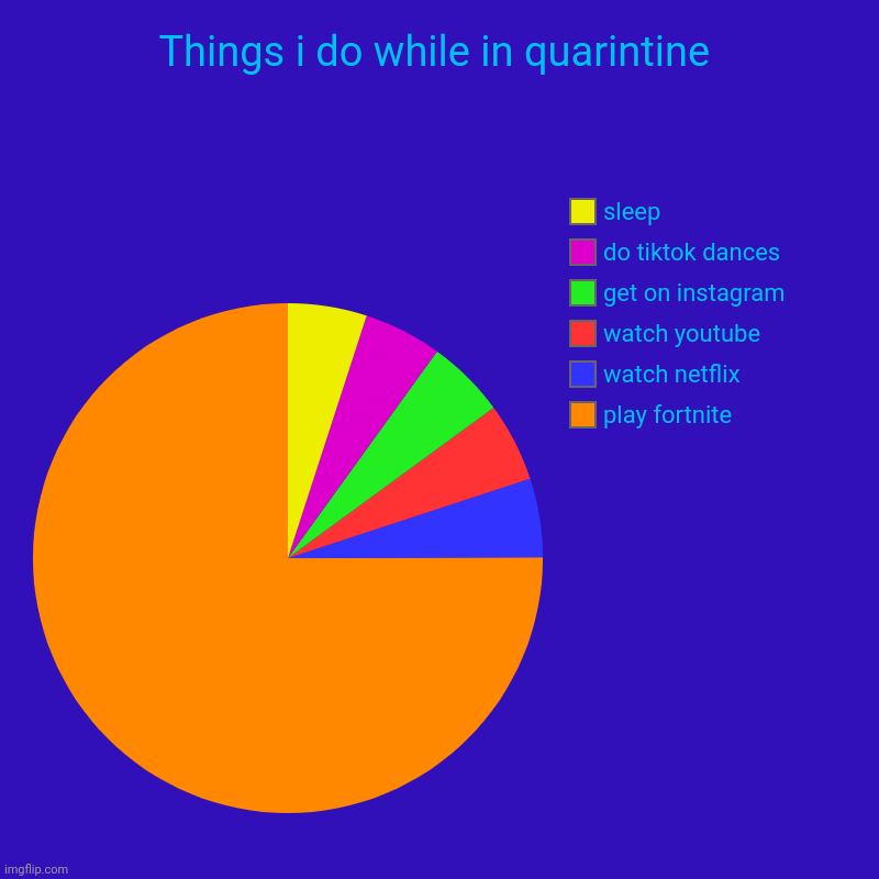 Things i do while in quarintine | play fortnite, watch netflix, watch youtube, get on instagram, do tiktok dances, sleep | image tagged in charts,pie charts | made w/ Imgflip chart maker