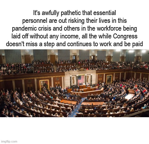 It's awfully pathetic that essential personnel are out risking their lives in this pandemic crisis and others in the workforce being laid off without any income, all the while Congress doesn't miss a step and continues to work and be paid; COVELL BELLAMY III | image tagged in congress works for us | made w/ Imgflip meme maker