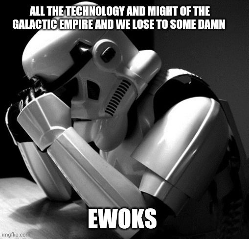Depressed Stormtrooper | ALL THE TECHNOLOGY AND MIGHT OF THE GALACTIC EMPIRE AND WE LOSE TO SOME DAMN; EWOKS | image tagged in depressed stormtrooper | made w/ Imgflip meme maker