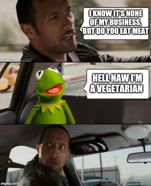 Kermit rocks | I KNOW IT'S NONE OF MY BUSINESS, BUT DO YOU EAT MEAT; HELL NAW I'M A VEGETARIAN | image tagged in kermit rocks | made w/ Imgflip meme maker