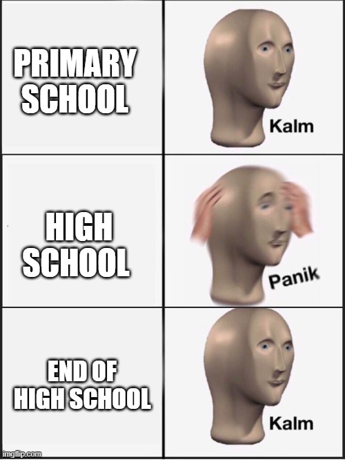 Kalm panik kalm | PRIMARY SCHOOL; HIGH SCHOOL; END OF HIGH SCHOOL | image tagged in kalm panik kalm | made w/ Imgflip meme maker