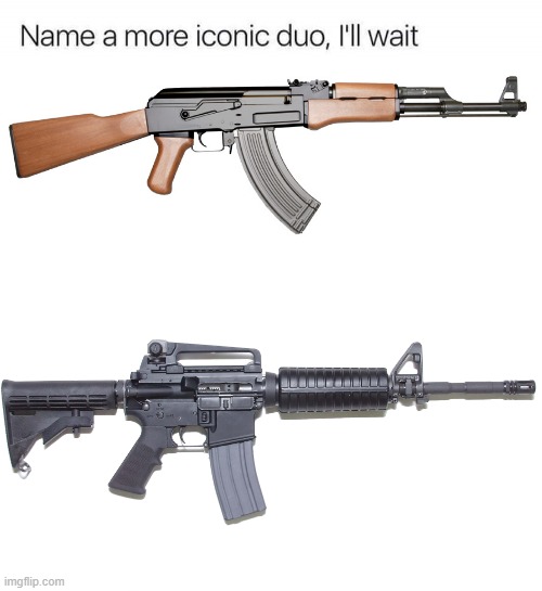 Indeed iconic | image tagged in name a more iconic duo i'll wait,m4a1,ak47,guns memes,memes,gaming | made w/ Imgflip meme maker