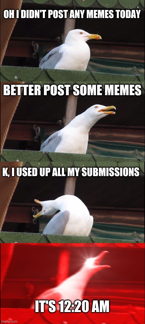 Inhaling Seagull | OH I DIDN'T POST ANY MEMES TODAY; BETTER POST SOME MEMES; K, I USED UP ALL MY SUBMISSIONS; IT'S 12:20 AM | image tagged in memes,inhaling seagull | made w/ Imgflip meme maker