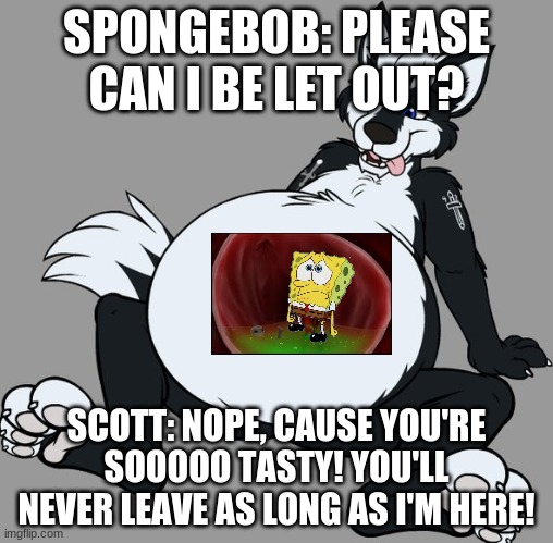  SPONGEBOB: PLEASE CAN I BE LET OUT? SCOTT: NOPE, CAUSE YOU'RE SOOOOO TASTY! YOU'LL NEVER LEAVE AS LONG AS I'M HERE! | image tagged in spongebob,stuck in scott,vore | made w/ Imgflip meme maker