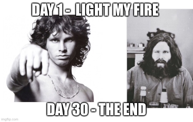 Quarantine | DAY 1 -  LIGHT MY FIRE; DAY 30 - THE END | image tagged in jim morrison | made w/ Imgflip meme maker