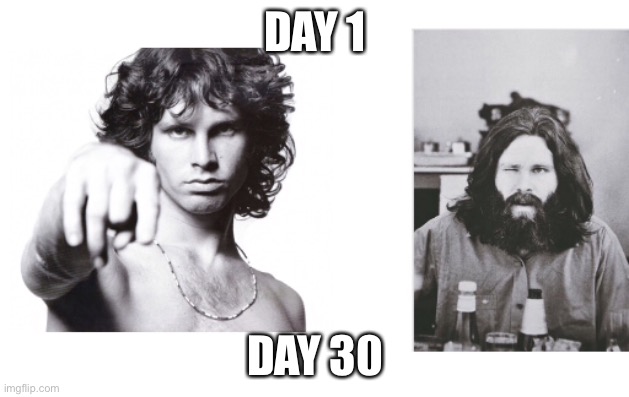 Quarantine | DAY 1; DAY 30 | image tagged in jim morrison | made w/ Imgflip meme maker