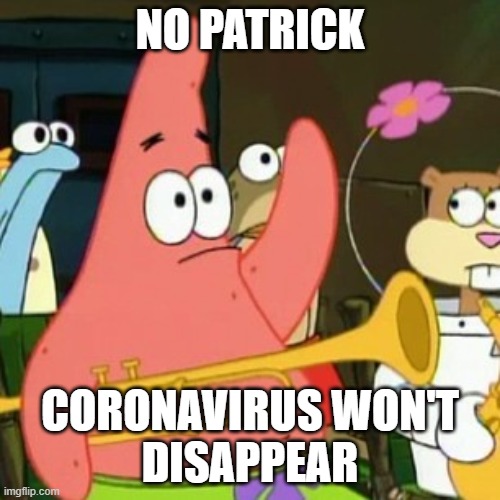 No Patrick | NO PATRICK; CORONAVIRUS WON'T
DISAPPEAR | image tagged in memes,no patrick | made w/ Imgflip meme maker
