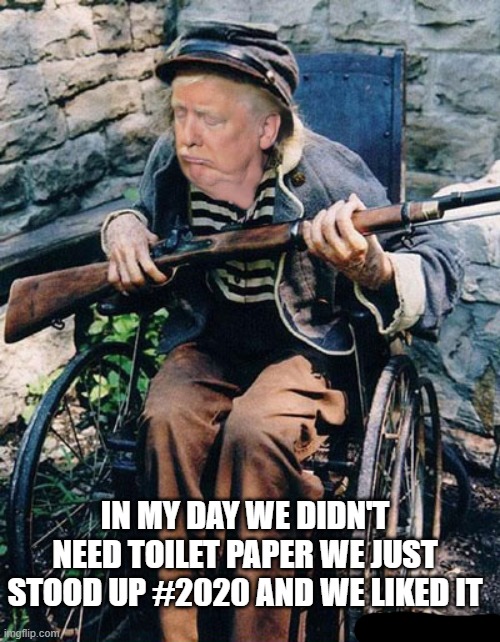 Old Man Trump | IN MY DAY WE DIDN'T NEED TOILET PAPER WE JUST STOOD UP #2020 AND WE LIKED IT | image tagged in old man trump,memes,funny,lmao | made w/ Imgflip meme maker