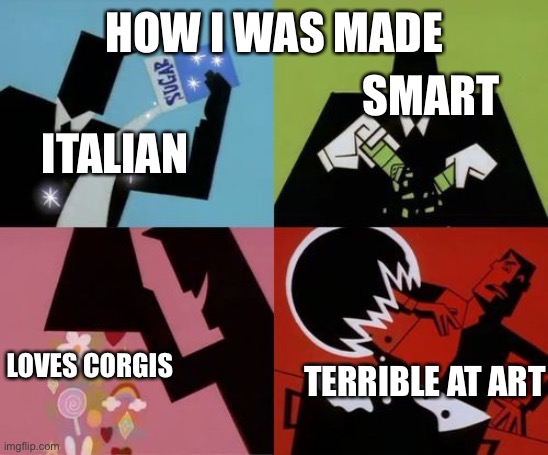 How I was made | HOW I WAS MADE; SMART; ITALIAN; LOVES CORGIS; TERRIBLE AT ART | image tagged in powerpuff girls creation,corgi,art,italian,smart | made w/ Imgflip meme maker