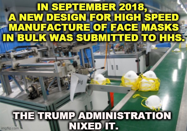 Unfit to govern | IN SEPTEMBER 2018, 
A NEW DESIGN FOR HIGH SPEED MANUFACTURE OF FACE MASKS IN BULK WAS SUBMITTED TO HHS. THE TRUMP ADMINISTRATION 
NIXED IT. | image tagged in face mask factory,trump,incompetence,idiots,fools,jerks | made w/ Imgflip meme maker