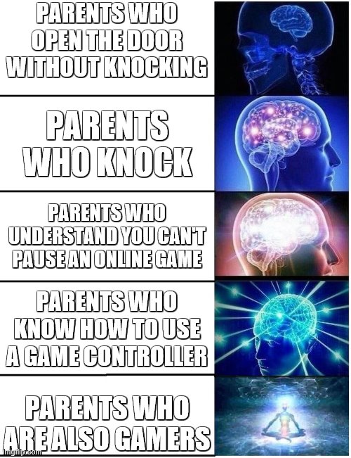 Expanding Brain 5 Panel | PARENTS WHO OPEN THE DOOR WITHOUT KNOCKING; PARENTS WHO KNOCK; PARENTS WHO UNDERSTAND YOU CAN'T PAUSE AN ONLINE GAME; PARENTS WHO KNOW HOW TO USE A GAME CONTROLLER; PARENTS WHO ARE ALSO GAMERS | image tagged in expanding brain 5 panel | made w/ Imgflip meme maker