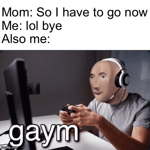 Gaym | Mom: So I have to go now
Me: lol bye
Also me: | image tagged in gaym | made w/ Imgflip meme maker