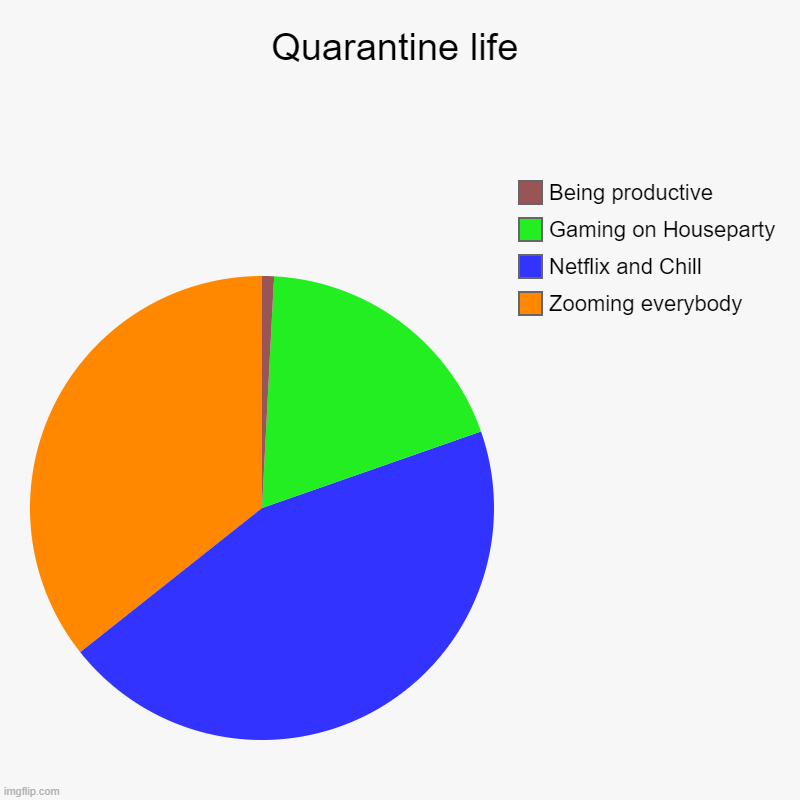 Quarantine life | Zooming everybody, Netflix and Chill, Gaming on Houseparty, Being productive | image tagged in charts,pie charts | made w/ Imgflip chart maker
