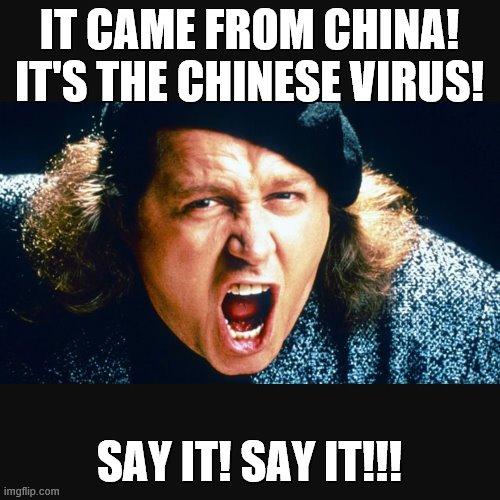 Sam Kinison Trump | IT CAME FROM CHINA! IT'S THE CHINESE VIRUS! SAY IT! SAY IT!!! | image tagged in sam kinison trump | made w/ Imgflip meme maker