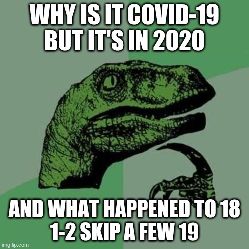 raptor | WHY IS IT COVID-19 BUT IT'S IN 2020; AND WHAT HAPPENED TO 18
1-2 SKIP A FEW 19 | image tagged in raptor | made w/ Imgflip meme maker