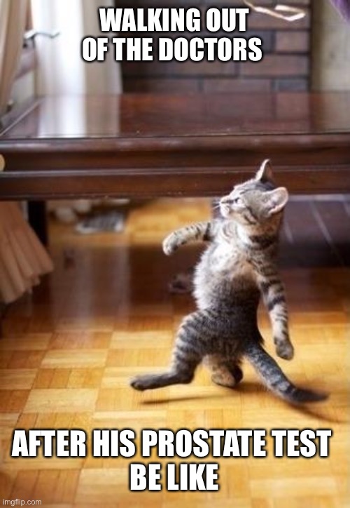 Cool Cat Stroll | WALKING OUT OF THE DOCTORS; AFTER HIS PROSTATE TEST 
BE LIKE | image tagged in memes,cool cat stroll | made w/ Imgflip meme maker