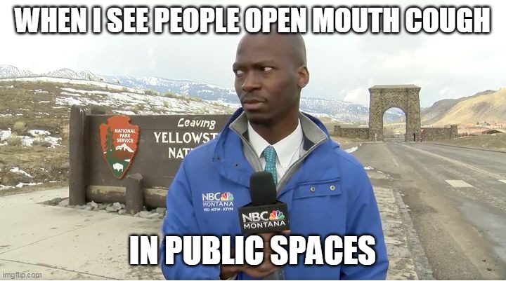 when I see people open mouth cough in public spaces | WHEN I SEE PEOPLE OPEN MOUTH COUGH; IN PUBLIC SPACES | image tagged in reporter looking at bison,coronavirus,quarantine,funny memes | made w/ Imgflip meme maker