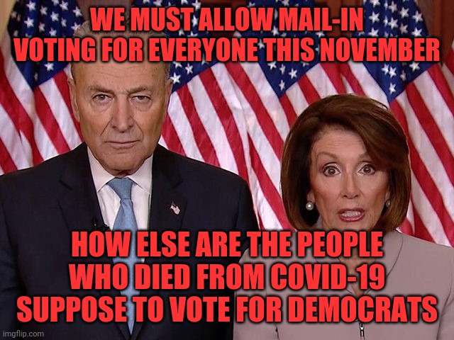 They won't be able to vote in person | WE MUST ALLOW MAIL-IN VOTING FOR EVERYONE THIS NOVEMBER; HOW ELSE ARE THE PEOPLE WHO DIED FROM COVID-19 SUPPOSE TO VOTE FOR DEMOCRATS | image tagged in pelosi schumer,covid-19,democrats | made w/ Imgflip meme maker