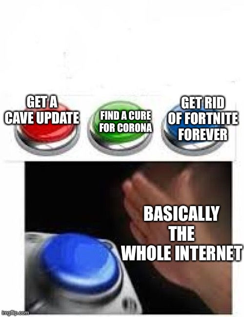 Red Green Blue Buttons | GET RID OF FORTNITE FOREVER; GET A CAVE UPDATE; FIND A CURE FOR CORONA; BASICALLY THE WHOLE INTERNET | image tagged in red green blue buttons | made w/ Imgflip meme maker