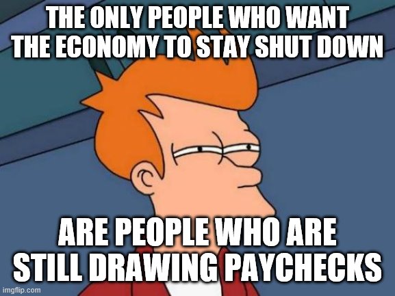 Futurama Fry | THE ONLY PEOPLE WHO WANT THE ECONOMY TO STAY SHUT DOWN; ARE PEOPLE WHO ARE STILL DRAWING PAYCHECKS | image tagged in memes,futurama fry | made w/ Imgflip meme maker