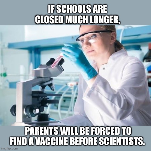 Scientist Researcher | IF SCHOOLS ARE CLOSED MUCH LONGER, PARENTS WILL BE FORCED TO FIND A VACCINE BEFORE SCIENTISTS. | image tagged in scientist researcher,covid-19,school,kids,2020,coronavirus | made w/ Imgflip meme maker