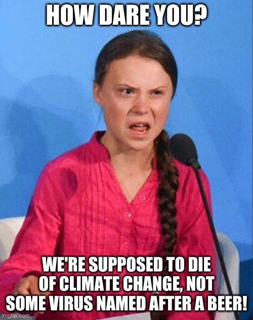 How dare you? | HOW DARE YOU? WE'RE SUPPOSED TO DIE OF CLIMATE CHANGE, NOT SOME VIRUS NAMED AFTER A BEER! | image tagged in greta thunberg how dare you | made w/ Imgflip meme maker