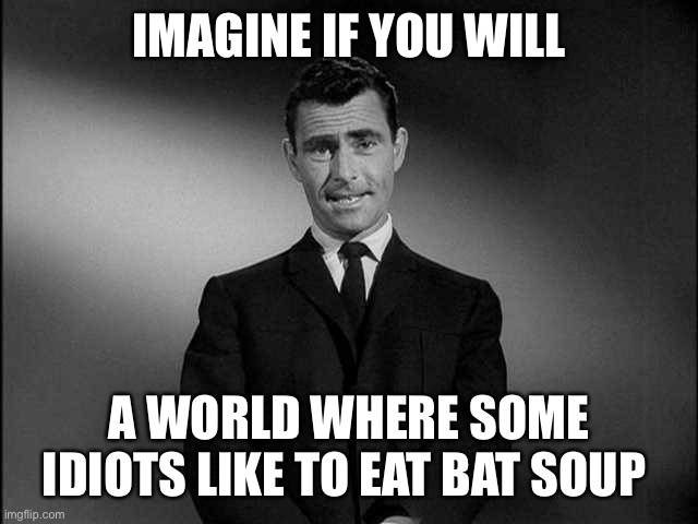 Wonder how this episode ends? | IMAGINE IF YOU WILL; A WORLD WHERE SOME IDIOTS LIKE TO EAT BAT SOUP | image tagged in rod serling twilight zone,coronavirus | made w/ Imgflip meme maker