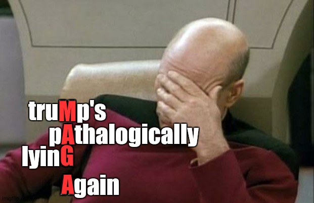 M A G A | M; pAthalogically; truMp's; A; lyinG; G; Again; A | image tagged in memes,captain picard facepalm,maga,trump unfit unqualified dangerous,covid-19,liar in chief | made w/ Imgflip meme maker