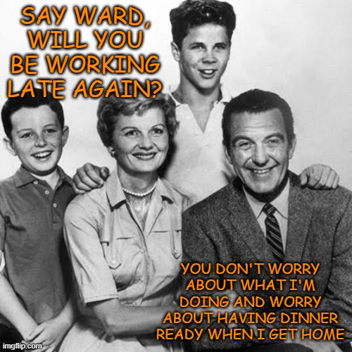 SAY WARD, WILL YOU BE WORKING LATE AGAIN? YOU DON'T WORRY ABOUT WHAT I'M DOING AND WORRY ABOUT HAVING DINNER READY WHEN I GET HOME | image tagged in 1950's,leave it to beaver,abusive,cheater,good ol days | made w/ Imgflip meme maker