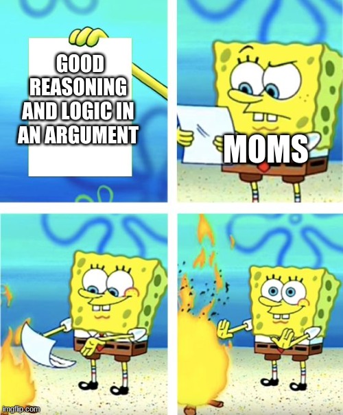 Spongebob Burning Paper | GOOD REASONING AND LOGIC IN AN ARGUMENT; MOMS | image tagged in spongebob burning paper | made w/ Imgflip meme maker